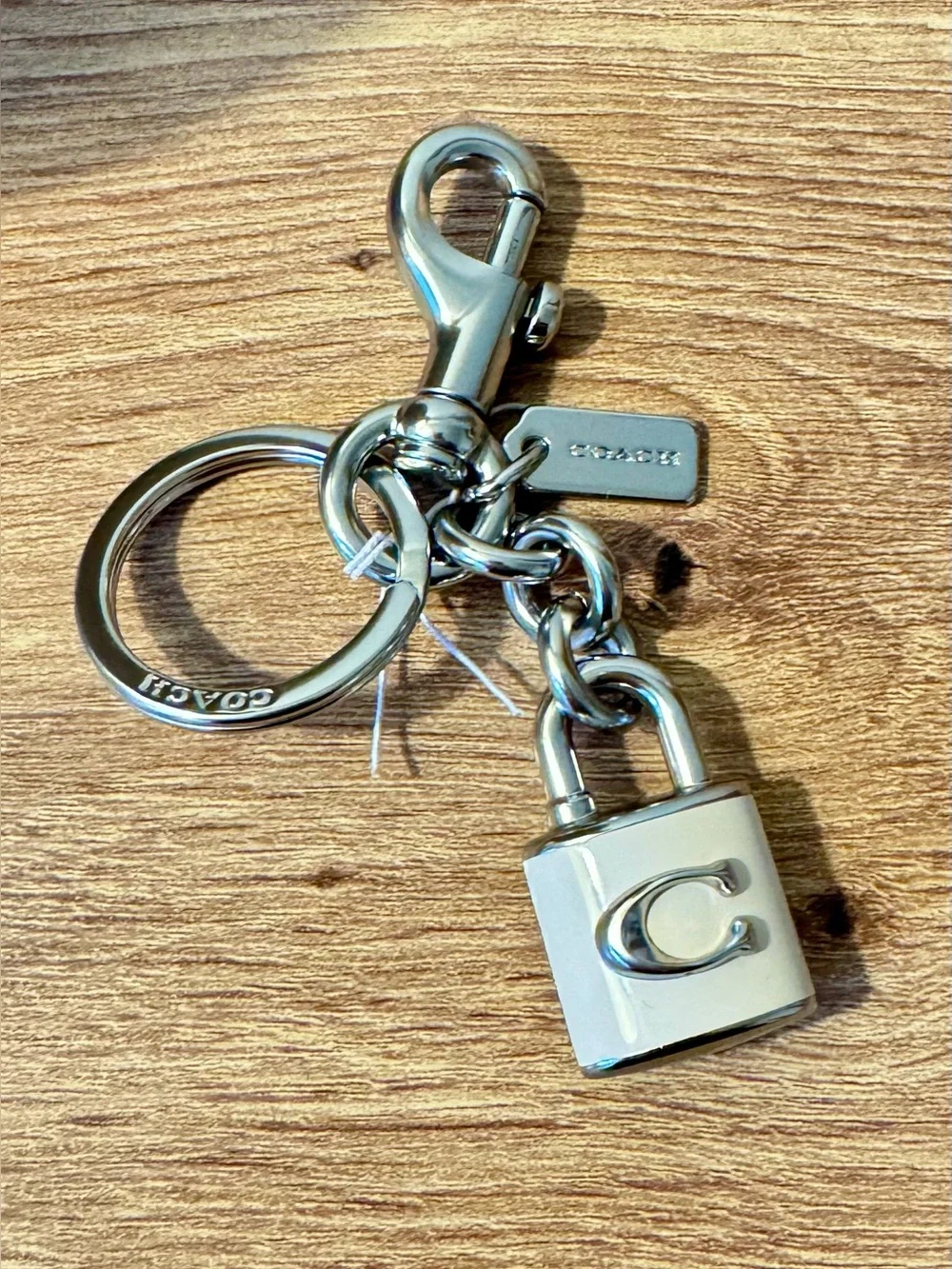 Coach Silver & White Designer Padlock Keychain with 'C' Emblem Bag Charm Chic